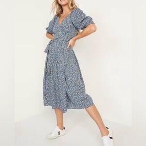 Old Navy Waist Defined Small Wrap Midi Dress Floral Cottagecore Smocked Prairie